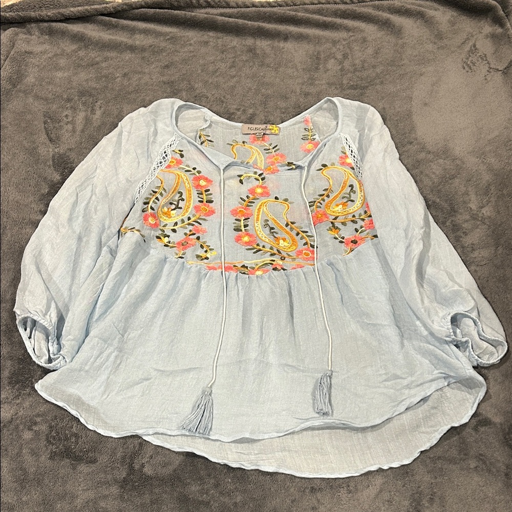 Light Blue Embroidered Peasant Tunic with Tassel Ties